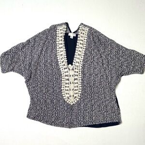 Vintage Jule Knit Tunic Top Dolman Sleeve Blue and Cream Crochet Trim Size  M